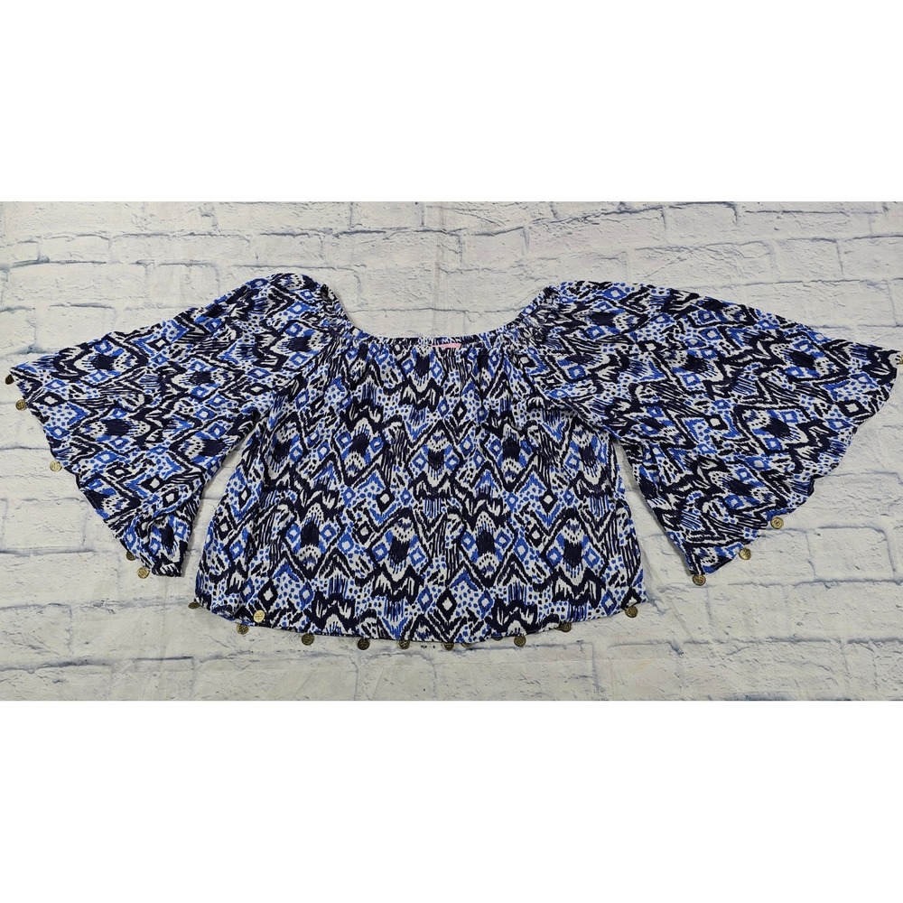 Lilly Pulitzer Beckon Blue Oh My Cod Delaney Top Womens M Bell Sleeve Coin Charm